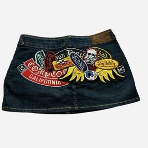 Von Dutch Hell's Angels Biker Large Logo patch denim Mini skirt Y2K Size small
